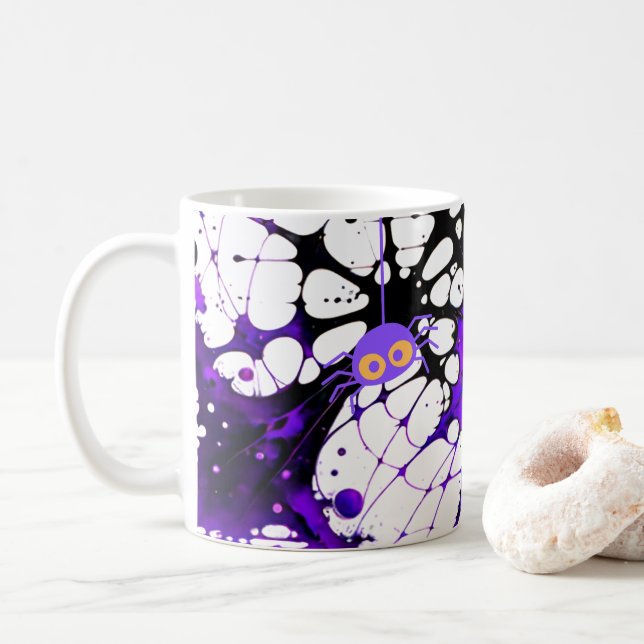 Spider Web Black and Purple Halloween Mug (With Donut)