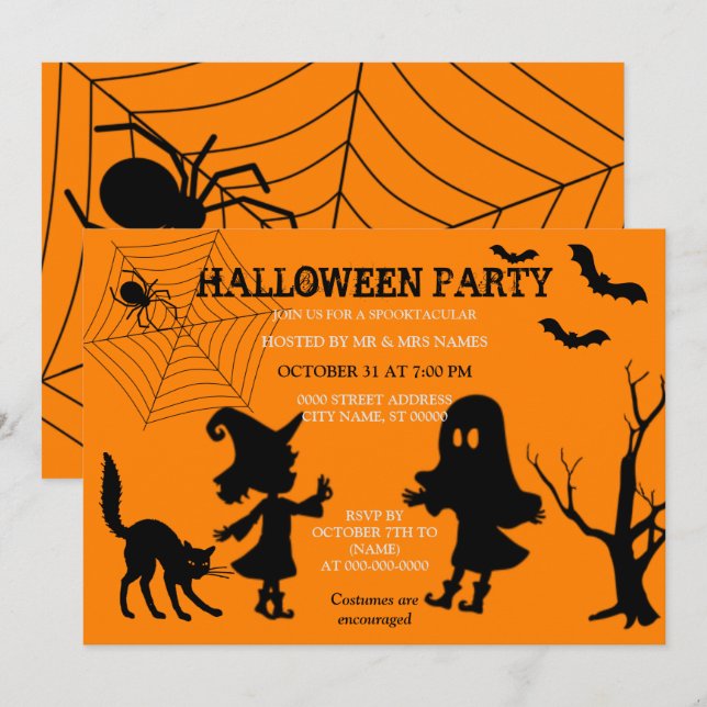 Spider Web Black Cat Halloween Invitation (Front/Back)