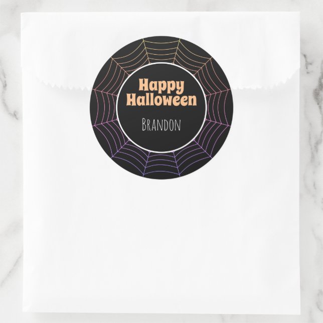 Spider web black purple orange Halloween pattern Classic Round Sticker (Bag)
