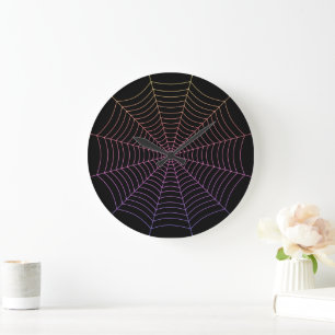 Spider web black purple orange Halloween pattern Large Clock