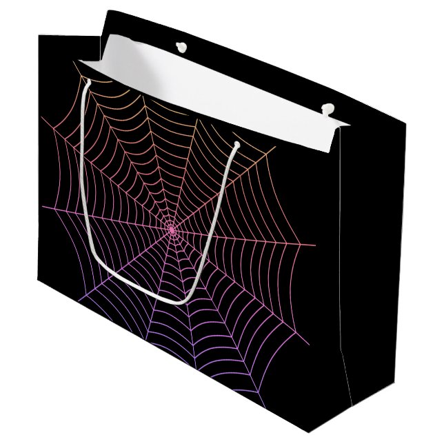 Spider web black purple orange Halloween pattern Large Gift Bag (Front Angled)