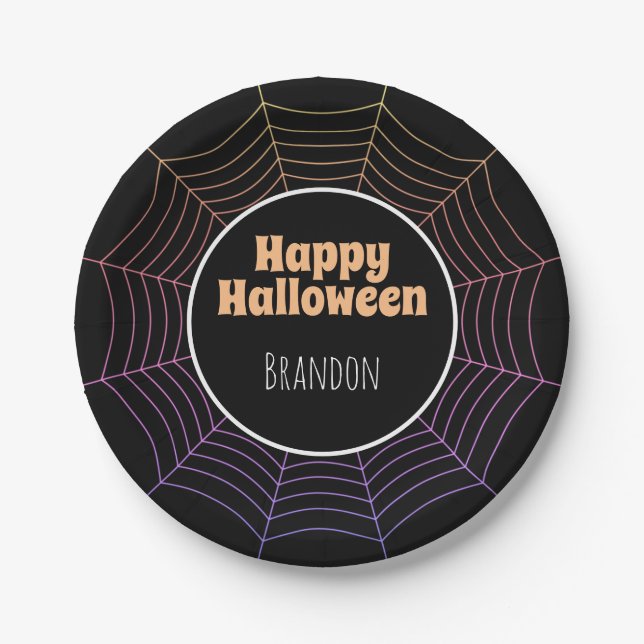 Spider web black purple orange Halloween pattern Paper Plate (Front)