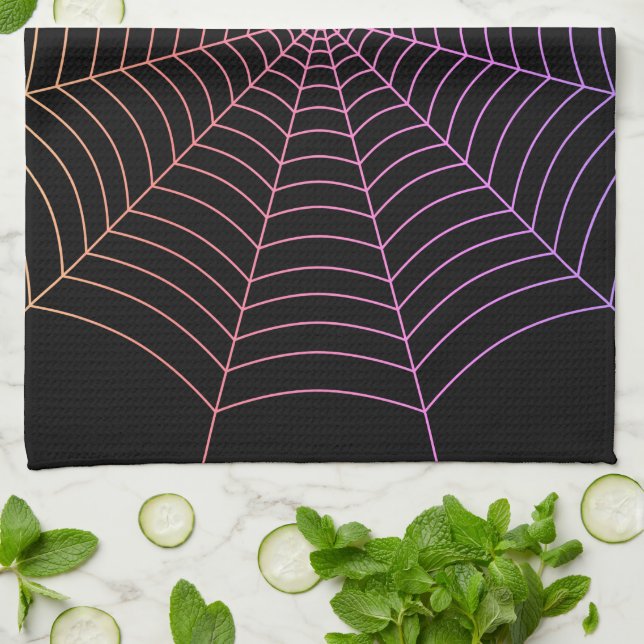 Spider web black purple orange Halloween pattern Tea Towel (Folded)