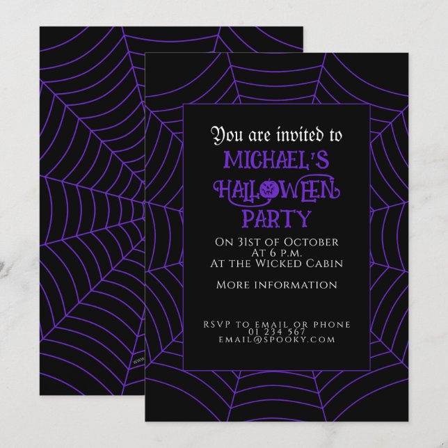 Spider web black purple white Halloween party Invitation (Front/Back)