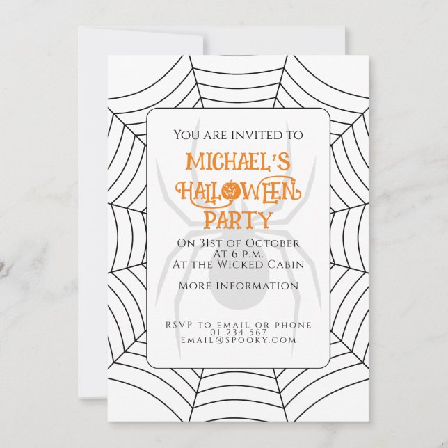 Spider web black white Halloween party Invitation (Front)