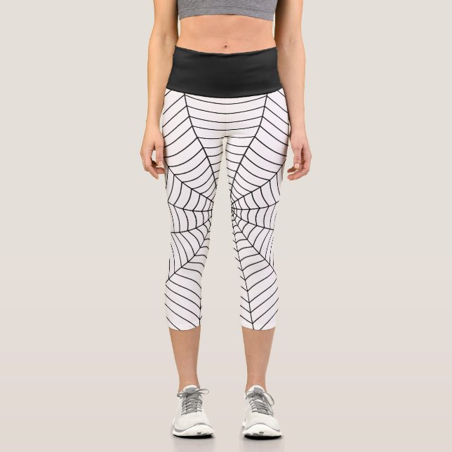 Spider web black white Halloween pattern Capri Leggings (Front)