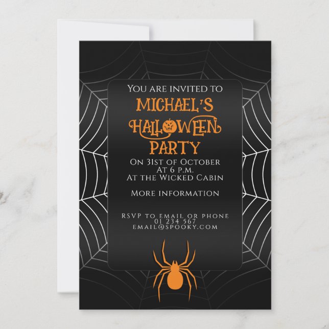 Spider web black white orange Halloween party Invitation (Front)