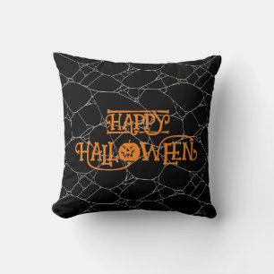 Spider Web Black & White Orange Happy Halloween  Cushion