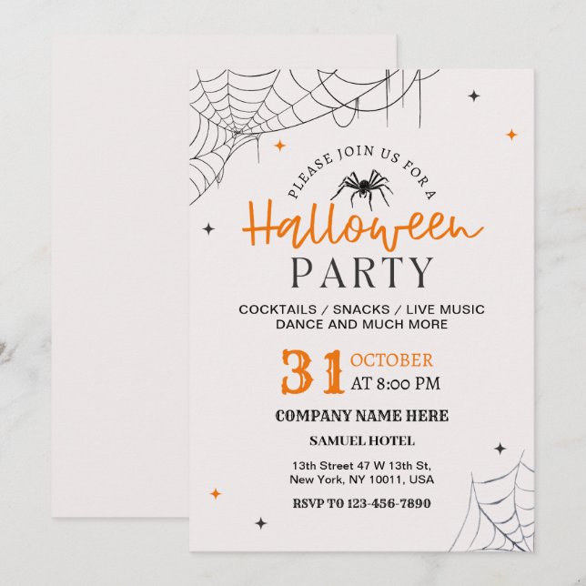 Spider Web Halloween Office Party Cream Colour Invitation (Front/Back)