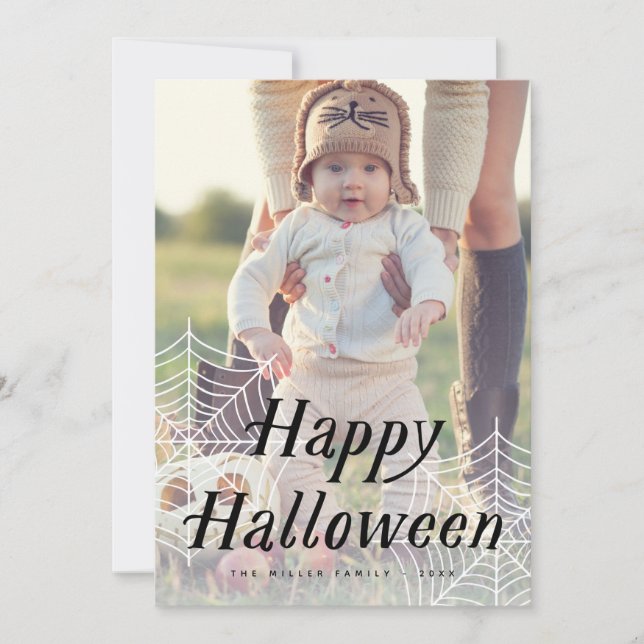 Spider Web Happy Halloween Photo Card (Front)