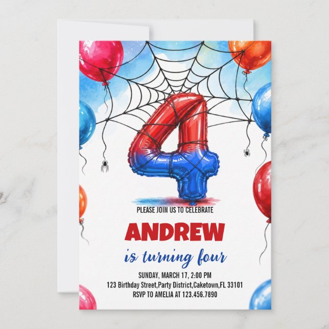 Spider Web Hero Red Blue Balloon Birthday Invitation (Front)