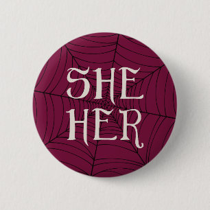 Spider Web She Her Pronouns in Red 6 Cm Round Badge