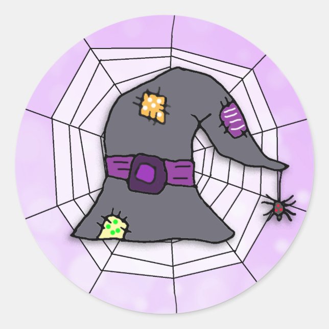 Spider Web, Spider and Witch's Hat Halloween Classic Round Sticker (Front)