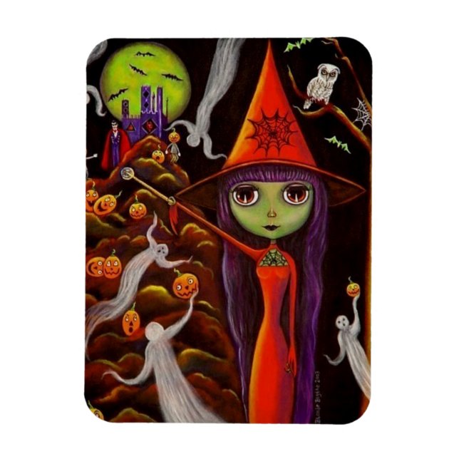 Spider Web Witch Big Eye Girl Owl Halloween Magnet (Vertical)