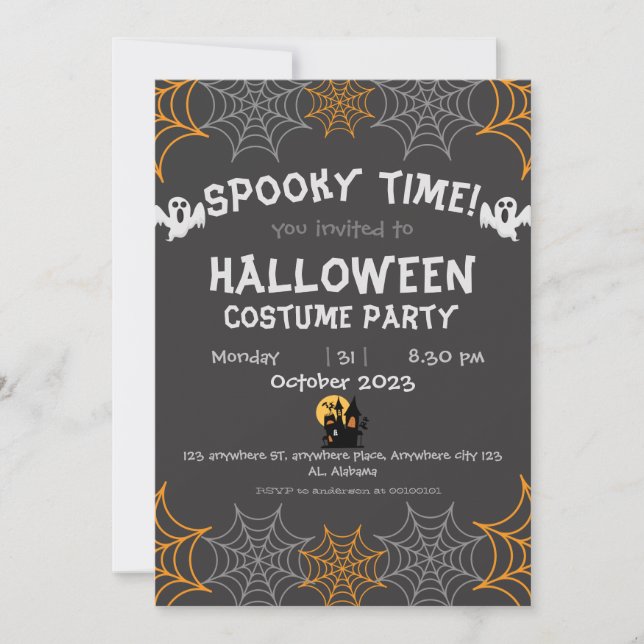 spider webs Orange Spooky Adult Halloween Party Invitation (Front)