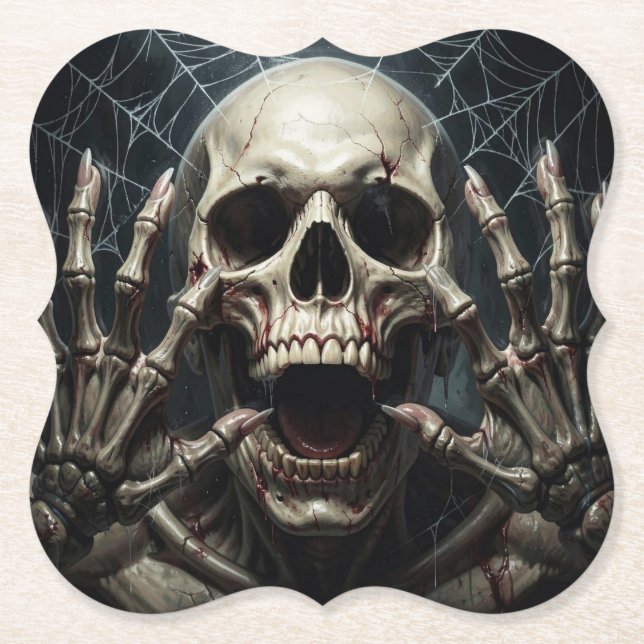 Spider Webs, Skull and Bones Spooky Halloween Paper Coaster (Front)