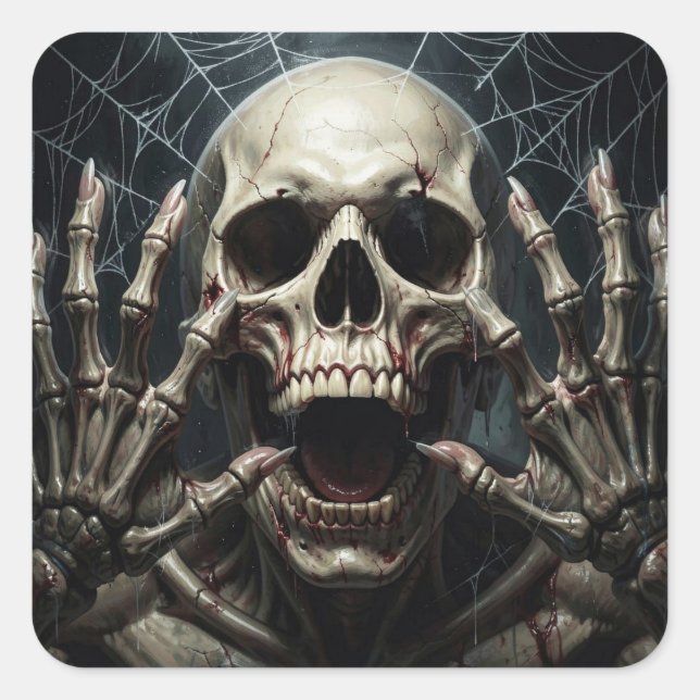 Spider Webs, Skull and Bones Spooky Halloween Square Sticker (Front)