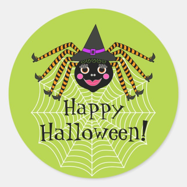 Spider Witch Happy Halloween Classic Round Sticker (Front)