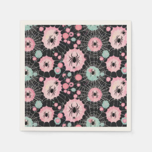 Spiders And Webs In Pink And Pale Blues On Black Napkin