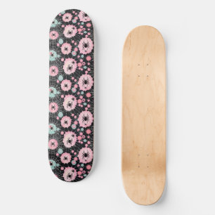 Spiders And Webs In Pink And Pale Blues On Black Skateboard