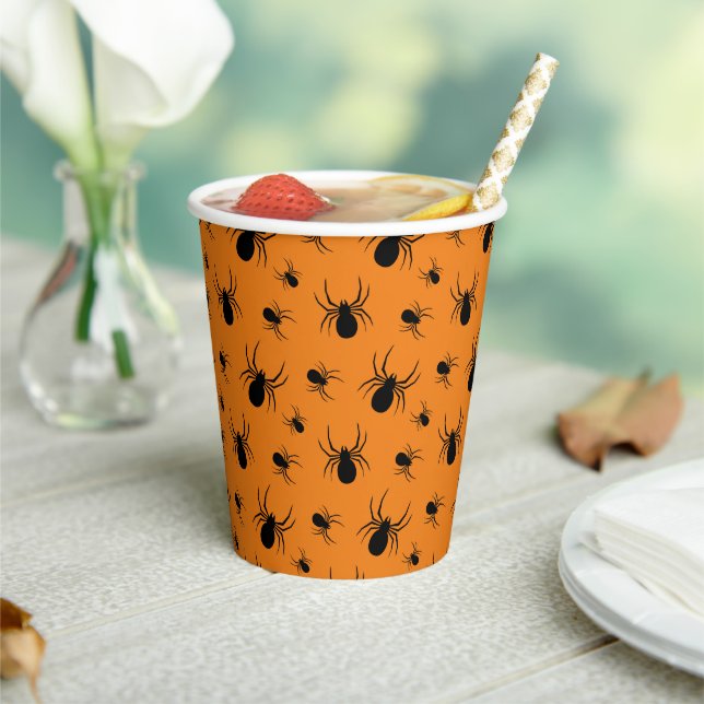 Spiders Halloween Party Black Orange Custom Paper Cups (Insitu)