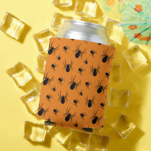 Spiders Halloween pattern Black and Orange Can Cooler