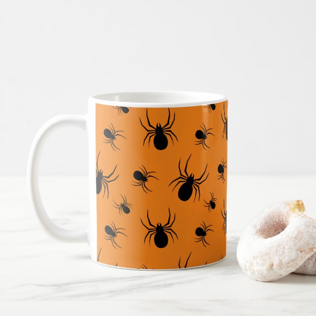 Spiders Halloween pattern Black and Orange Coffee Mug (With Donut)
