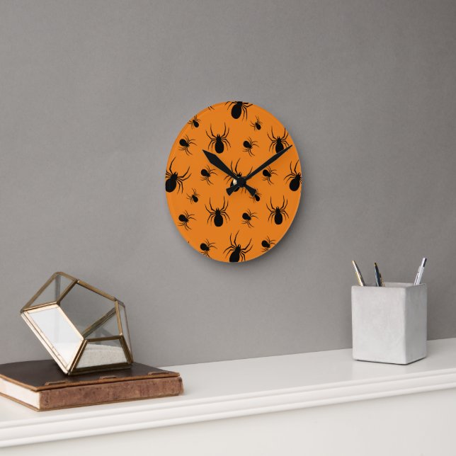 Spiders Halloween pattern Black and Orange Round Clock (Office)