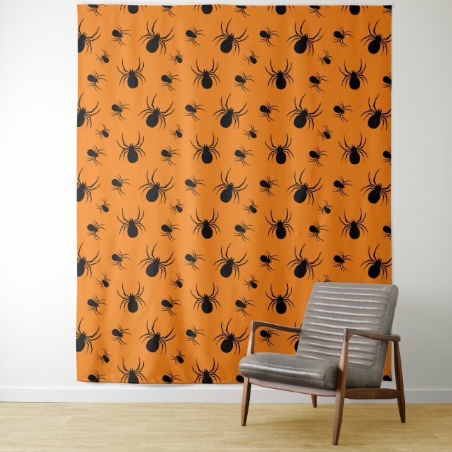 Spiders Halloween pattern Black and Orange Tapestry (In Situ)