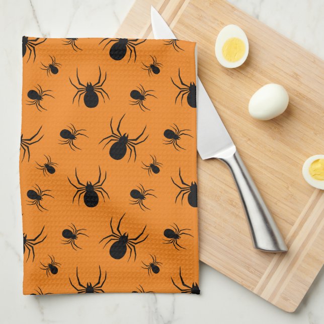 Spiders Halloween pattern Black and Orange Tea Towel (Quarter Fold)