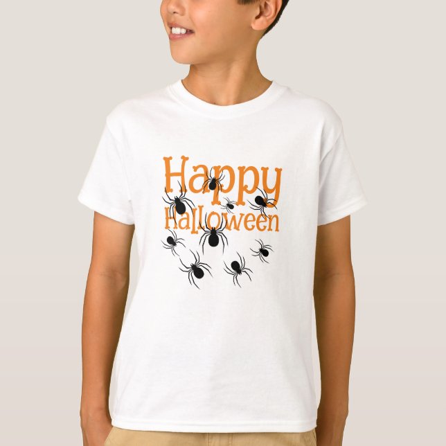 Spiders Happy Halloween Black and Orange T-Shirt (Front)