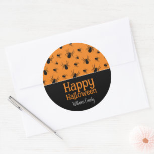 Spiders Happy Halloween Black Orange Custom Classic Round Sticker