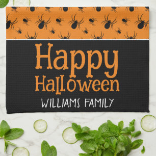 Spiders Happy Halloween Black Orange Custom name Tea Towel