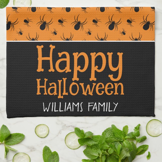 Spiders Happy Halloween Black Orange Custom name Tea Towel (Folded)