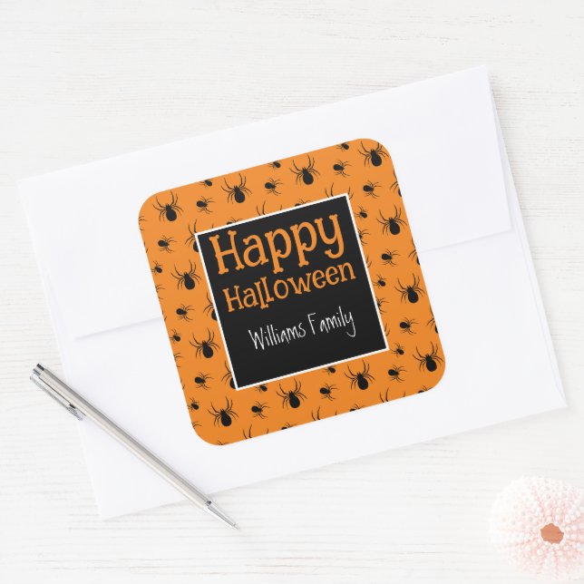 Spiders Happy Halloween Black Orange Custom Square Sticker (Envelope)