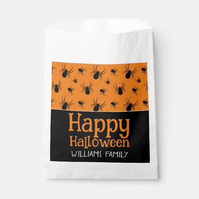 Spiders Happy Halloween Party Black Orange Custom Favour Bags (Front)