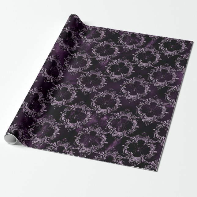 Spiders in Ornate Frames on Purple Wrapping Paper (Unrolled)