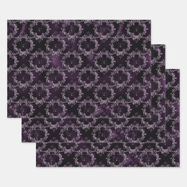 Spiders in Ornate Frames on Purple Wrapping Paper Sheet (Set)
