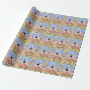 Spiders on blue and gold grunge, art deco frame wrapping paper
