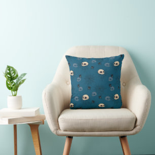 Spiders Skulls and Spiderwebs Blue Halloween Cushion