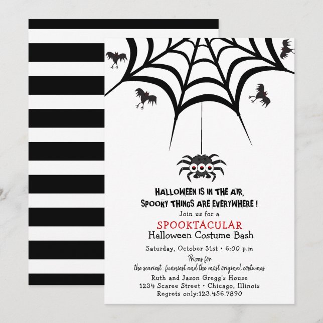 Spider's Web and Bats Halloween Costume Party Invitation (Front/Back)