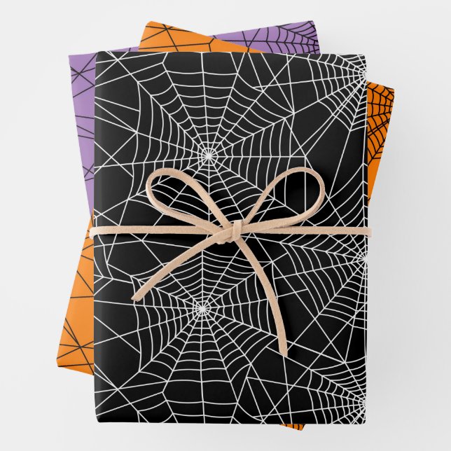 Spiderweb Black and White Halloween Wrapping Paper Sheet (In situ)