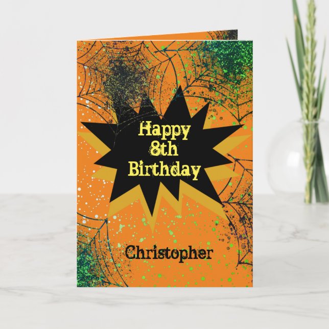 Spiderweb Black Orange Kids Halloween Birthday Card (Front)