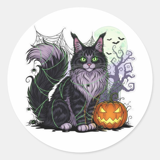Spiderweb Coon – Maine Coon Halloween Classic Round Sticker (Front)