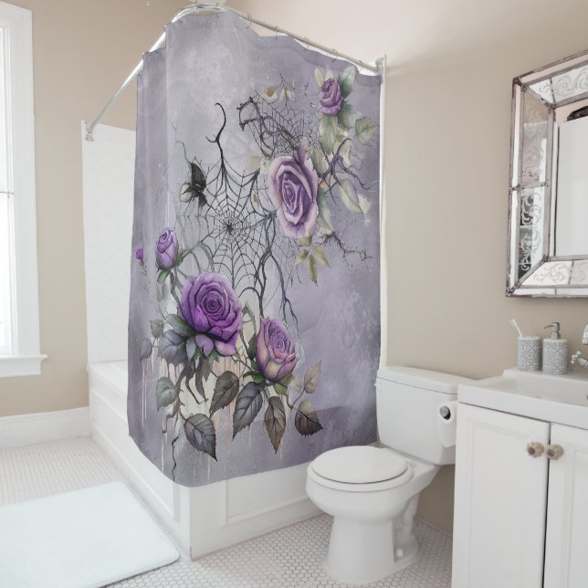 Spiderweb Elegance | Creepy Beautiful Rose Floral Shower Curtain (In Situ)