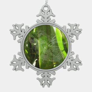 Spiderweb in Tropical Leaves Nature Snowflake Pewter Christmas Ornament