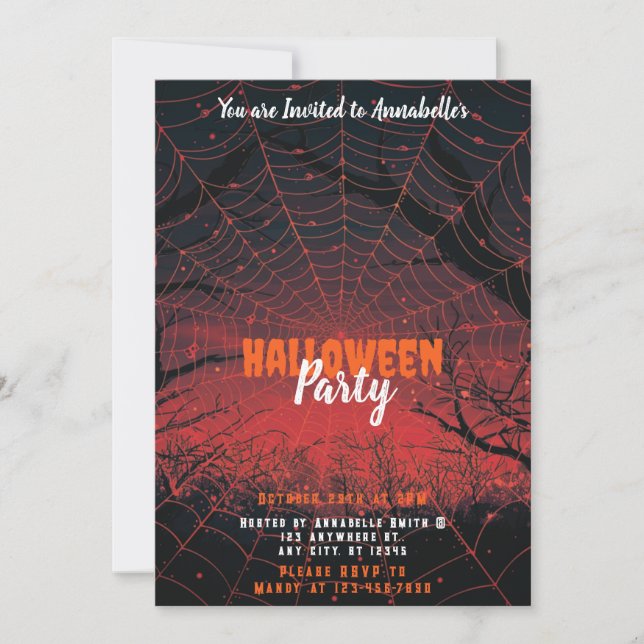 Spiderweb orange pink sunset Halloween Party Invitation (Front)