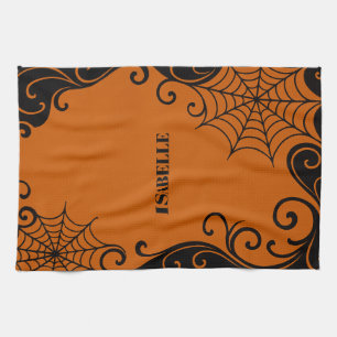 Spiderweb Ornament Orange Black halloween Tea Towel