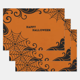 Spiderweb Ornament Orange Black Halloween  Wrapping Paper Sheet