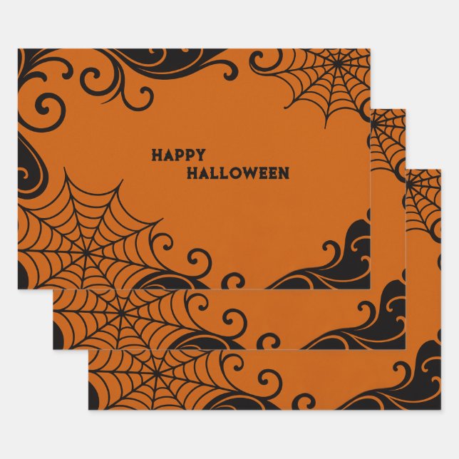 Spiderweb Ornament Orange Black Halloween  Wrapping Paper Sheet (Set)